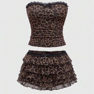Leopard Print Strapless Top and Skirt Set